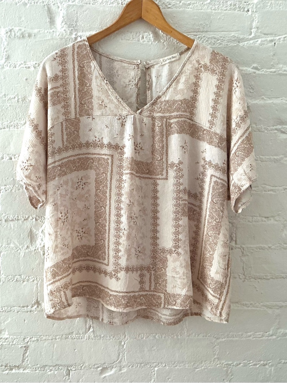 Cotton Bleu Flowy Boho Top Cream Tan Paisley Print Feminine Peasant Cottage M